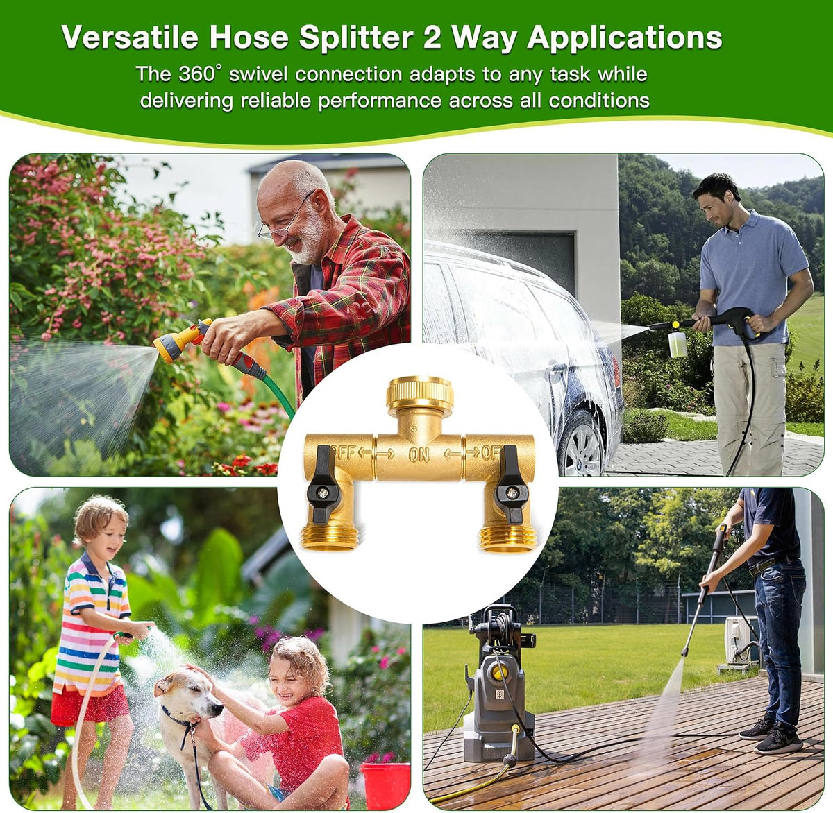360° Swivel Garden Hose Splitter 2 Way, Solid Brass Water Hose Splitter with Dual Shutoff Valves, 3/4" GHT Thread Leak-Proof Hose Connector for Outdoor Faucet Lawn, Irrigation & Washing