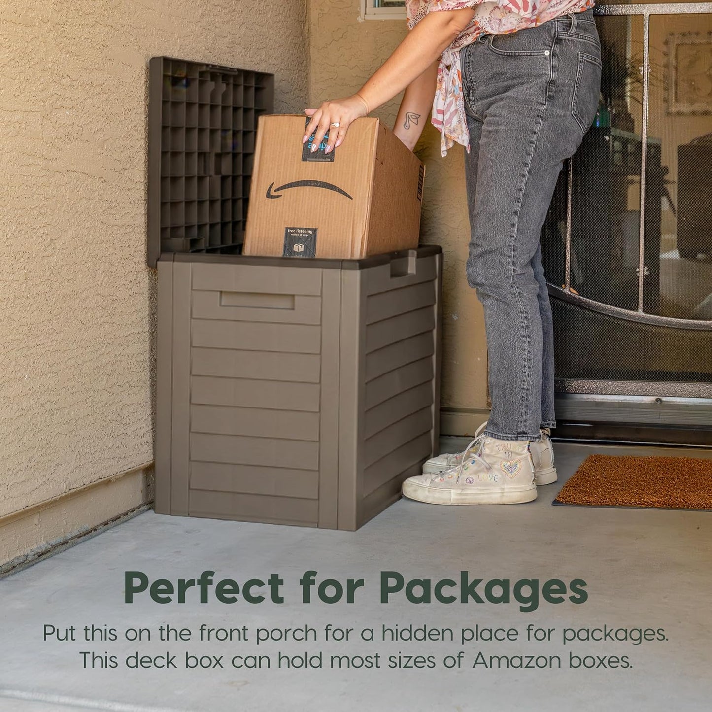 IRIS USA 35-Gallon Outdoor Deck Delivery Storage Box, Lockable & UV-Protected, Weather-Resistant Patio Storage for Cushions, Garden Tools & Packages, Waterproof Resin, Durable & Stylish Design - Beige