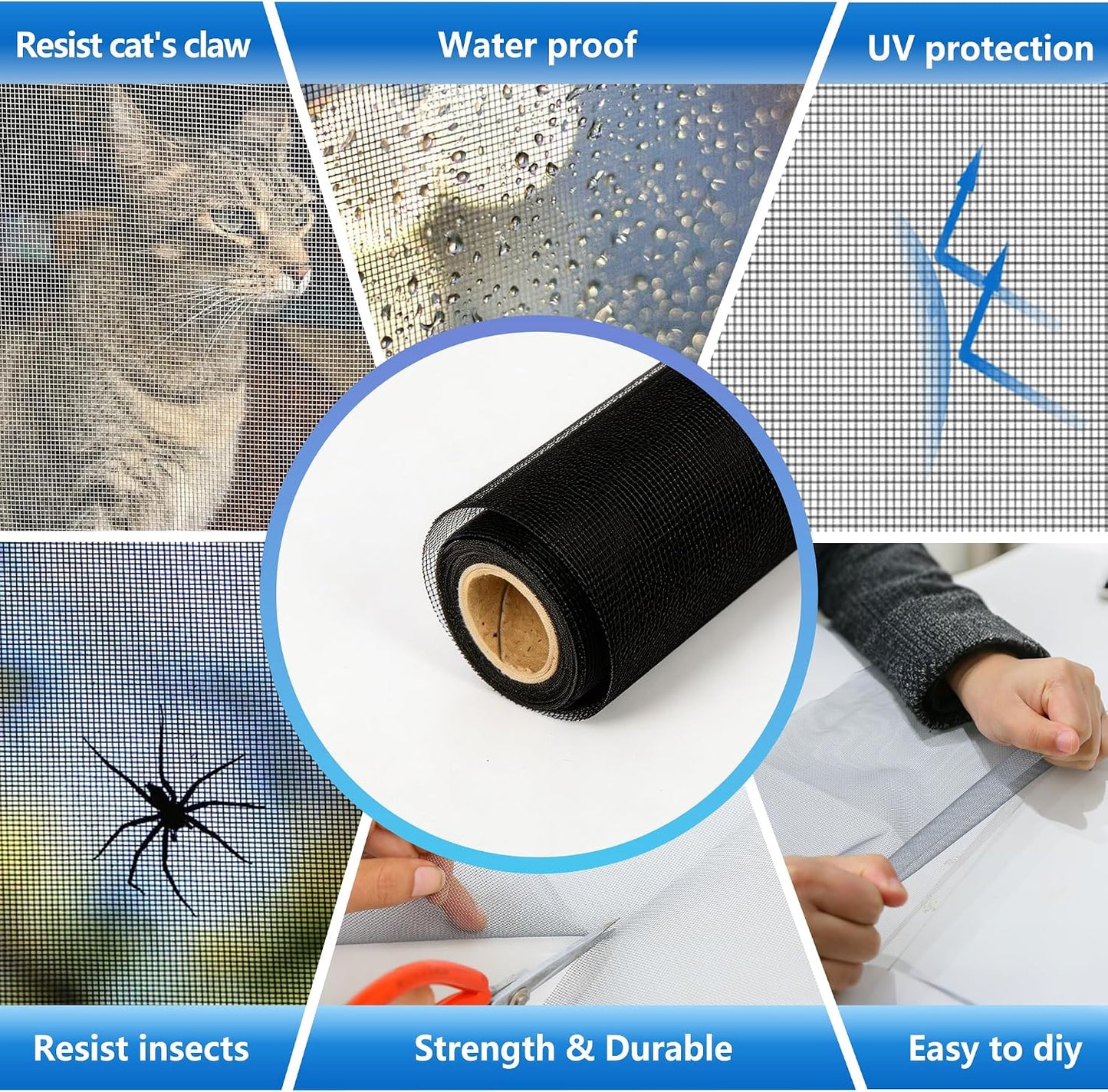 Pet Proof Window Screen Replacement Kit,39" W x 118" L Durable Window Screen Mesh for Patio Porch Door Windows with Rolling Tool and Screen Retainer Spline
