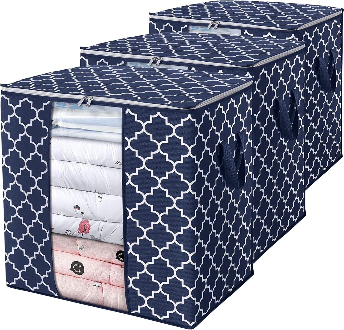 WISELIFE Storage Bags 3 Pack/100L Large Blanket Clothes Organization and Storage Containers for Comforters,Bedding, Foldable Organizer with Reinforced Handle, Clear Window, Sturdy Zippers,Gray