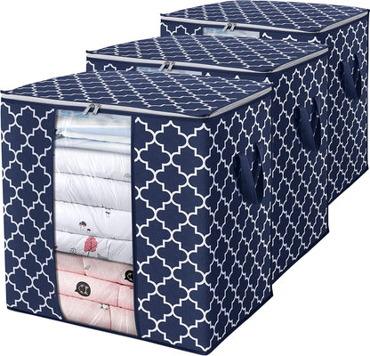 WISELIFE Storage Bags 3 Pack/100L Large Blanket Clothes Organization and Storage Containers for Comforters,Bedding, Foldable Organizer with Reinforced Handle, Clear Window, Sturdy Zippers,Gray