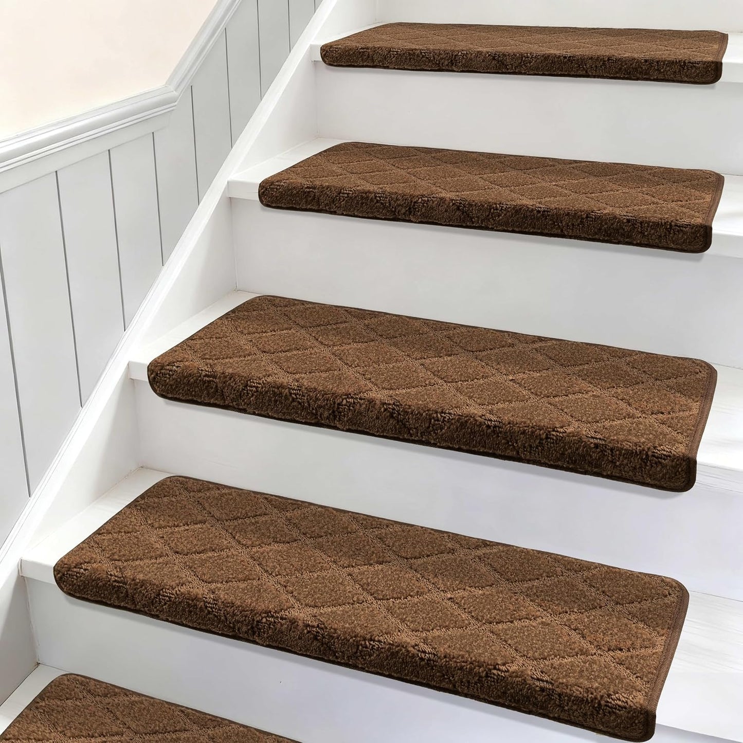 DEXDE Bullnose Stair Treads for Wooden Steps Non-Slip Stair Runner, 14 Pcs | Reusable bullnose carpet Stair Treads Indoor, Peel and Stick Stair Rugs with Edge Protection, Soft Washable, 30"x9.5" Grey