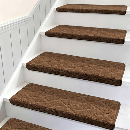 DEXDE Bullnose Stair Treads for Wooden Steps Non-Slip Stair Runner, 14 Pcs | Reusable bullnose carpet Stair Treads Indoor, Peel and Stick Stair Rugs with Edge Protection, Soft Washable, 30"x9.5" Grey