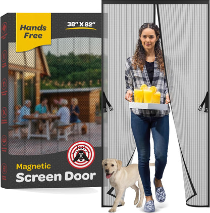 Magnetic Screen Door, Hands-Free Kid/Pet-Friendly Walk Through - Self Magnetic Closure Screen Door Mesh, Stay-Open Option with Buckles - Keeps Bugs Out Lets Breeze in, Fits Door Size (39.4" x 82.7")