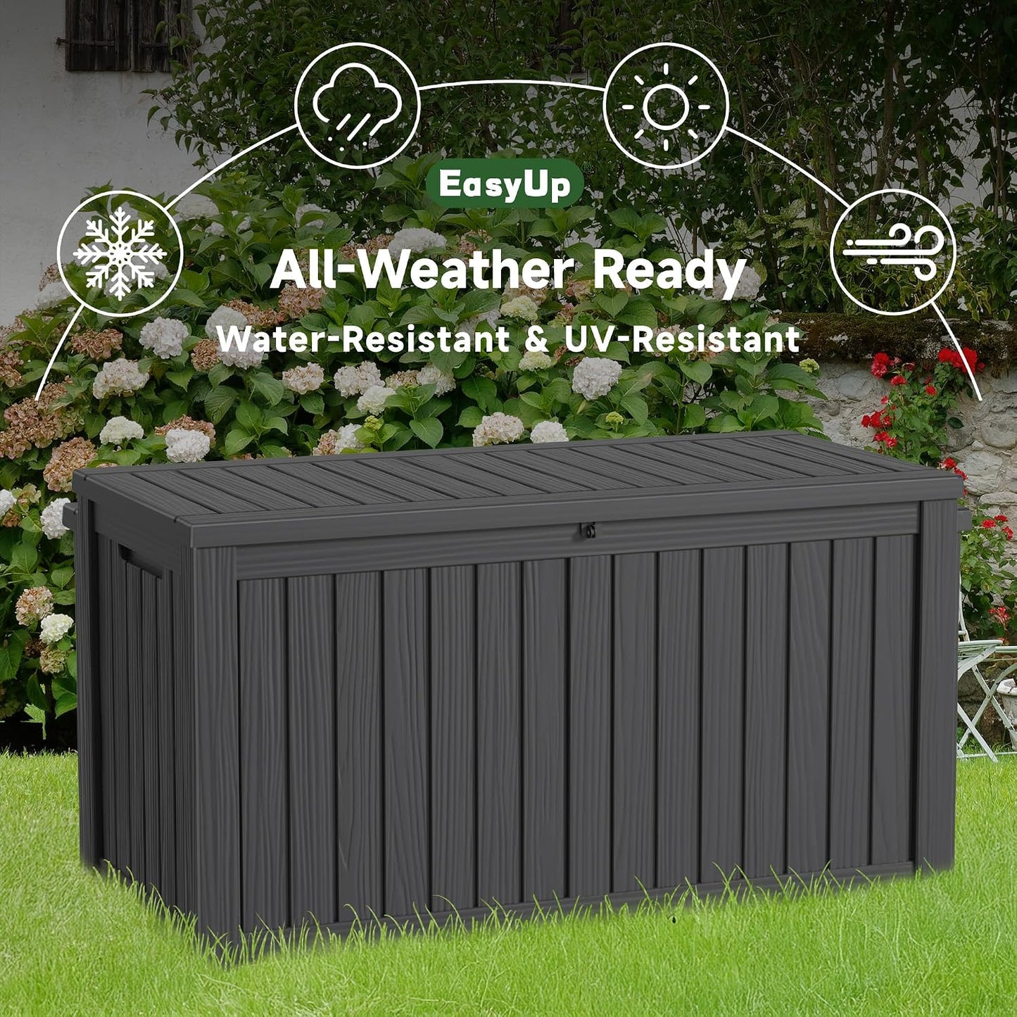 EasyUp 50 Gallon Outdoor Storage Box Waterproof Lockable Deck Boxes | UV Resistant Resin, for Garden Tools Cushions Patio Equipment, 300 lbs Capacity, Portable Design, Easy 16-Min Assembly