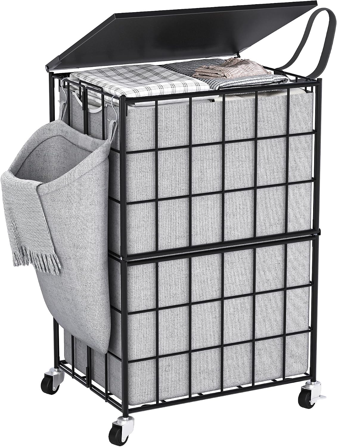 Laundry Basket with Wheels, Heavy Duty Laundry Sorter 2 Sections, 120L (32Gal.) Large Capacity Laundry Hamper with Wood Lid, 360 Rolling Wheels, Extra Side Pocket, Leather Pull Handle, Beige