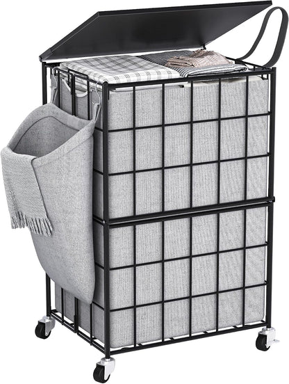 Laundry Basket with Wheels, Heavy Duty Laundry Sorter 2 Sections, 120L (32Gal.) Large Capacity Laundry Hamper with Wood Lid, 360 Rolling Wheels, Extra Side Pocket, Leather Pull Handle, Beige