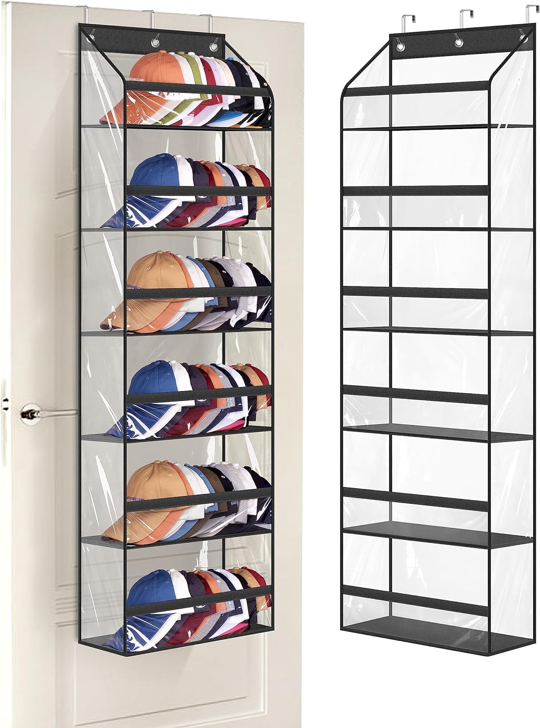 AOODA Clear Over the Door Hat Racks for Baseball Caps, Large Holds up to 72 Caps Hat Storage Organizer for Closet Wall, Deep Pockets Hanging Snapback Holder Shelves with 3 Hooks, White