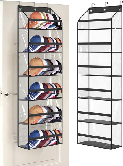 AOODA Clear Over the Door Hat Racks for Baseball Caps, Large Holds up to 72 Caps Hat Storage Organizer for Closet Wall, Deep Pockets Hanging Snapback Holder Shelves with 3 Hooks, White