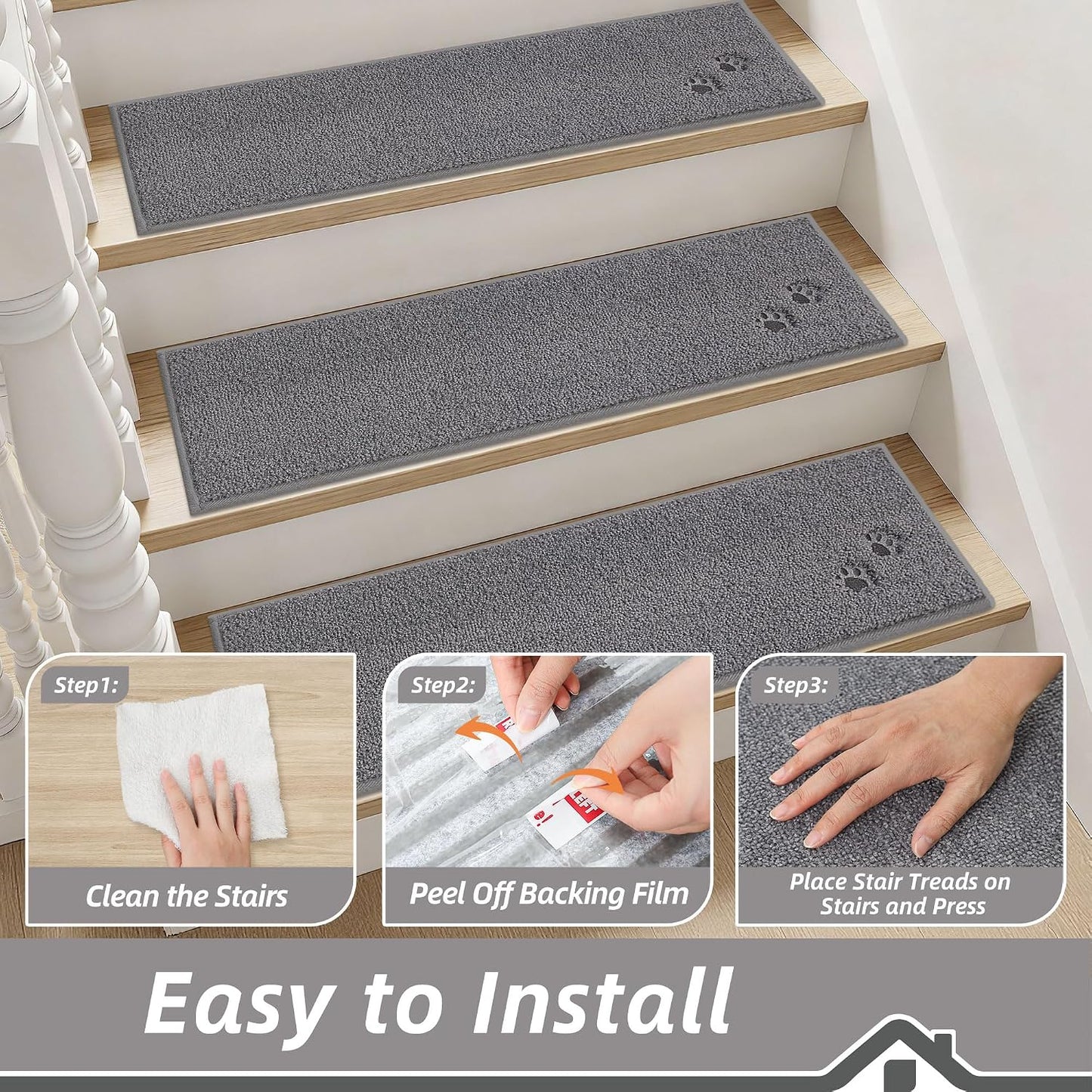 BEQHAUSE Stair Treads for Wooden Steps 28inX9in, Non Slip Carpet Stair Treads Indoor Stair Runners Machine Washable, Soft Stair Rugs Mat Surface Polyester TPE Backing, 4pcs, Charcoal