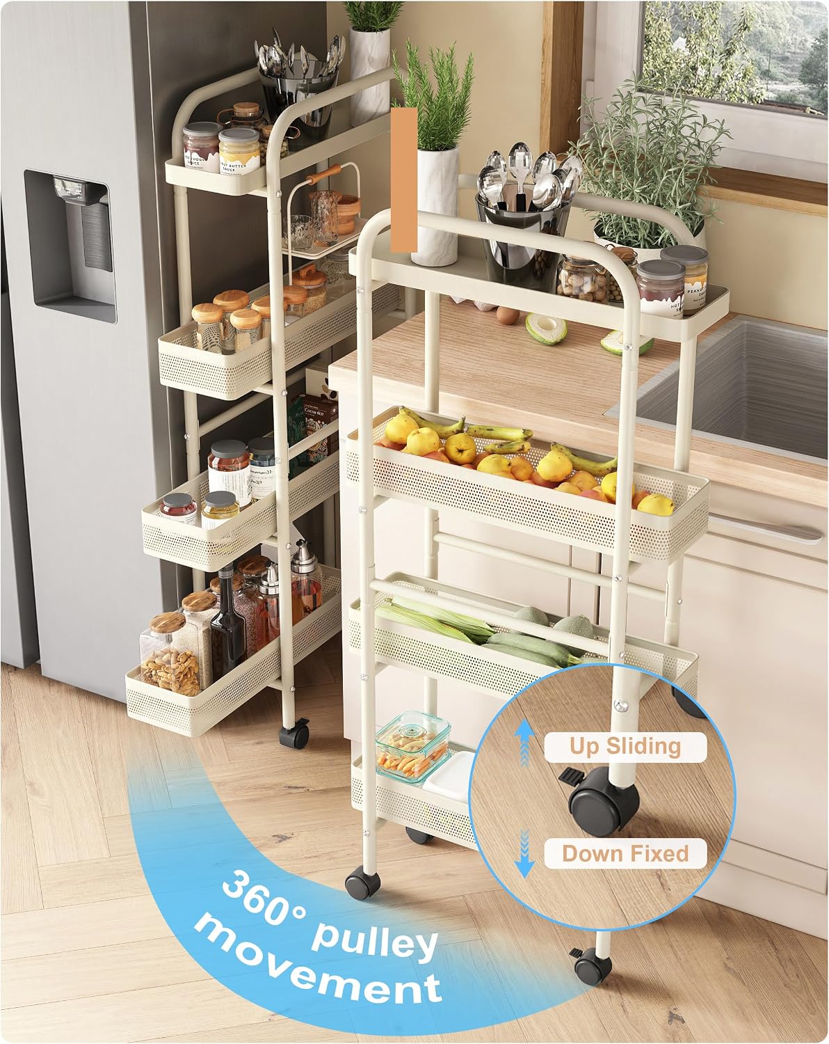 UMDONX Slim Storage Cart 5 Tier with Pull Out Basket Bathroom Organizer Rolling cart, Rolling Utility Cart Slide Out Organizer for Kitchen, Bathroom, Laundry Black