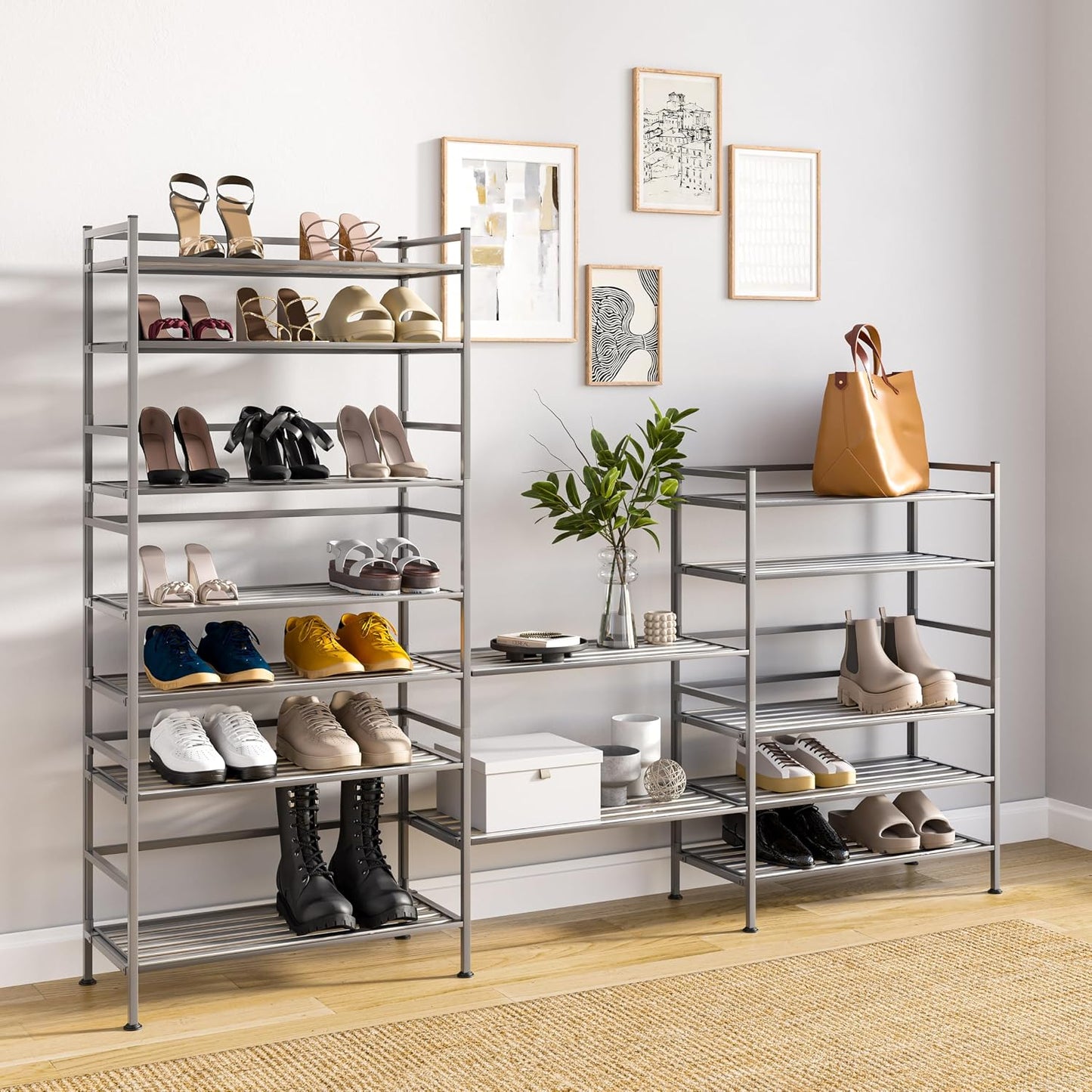 Seville Classics Sturdy Freestanding Storage Shelf for Bedroom, Closet, Entryway, Dorm Room Organizer Stackable Durable Metal Shoe Rack Ash Gray Slat, 3-Tier
