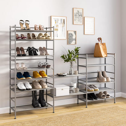 Seville Classics Sturdy Freestanding Storage Shelf for Bedroom, Closet, Entryway, Dorm Room Organizer Stackable Durable Metal Shoe Rack Ash Gray Slat, 3-Tier