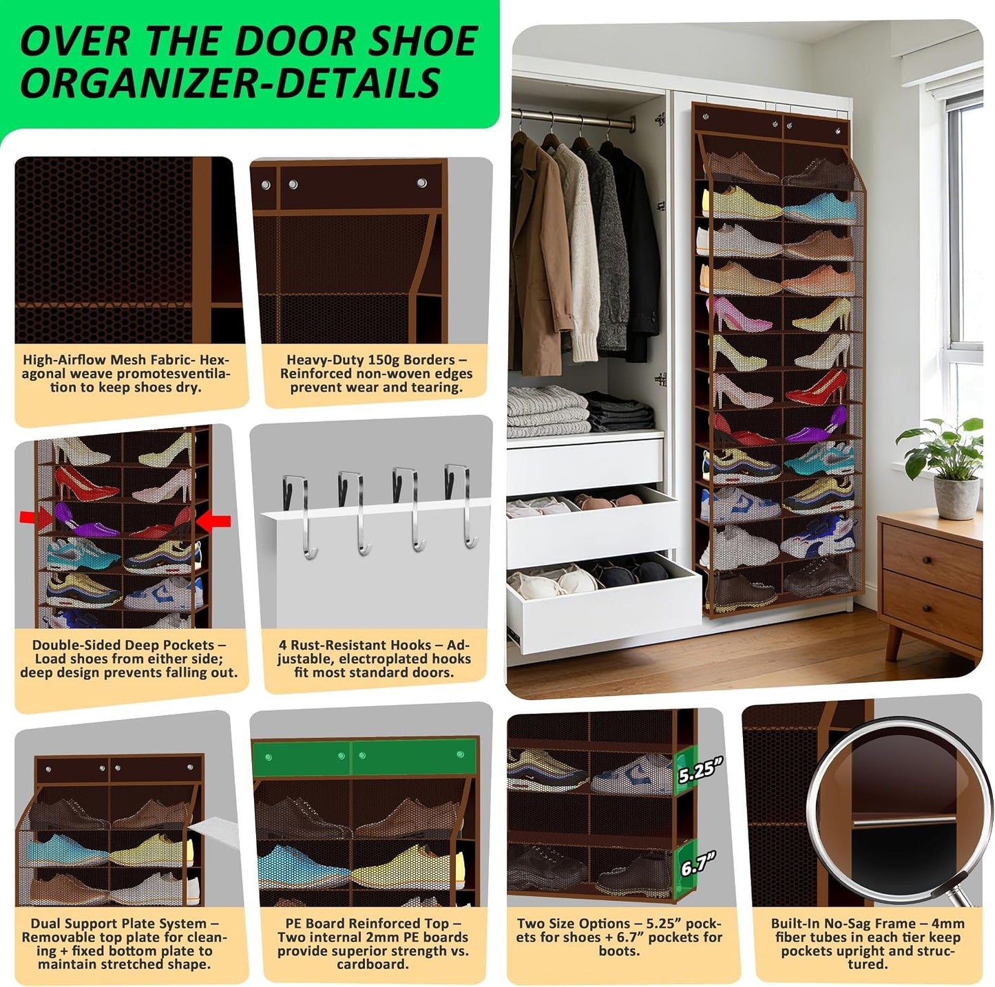Kotkn 24-Pair Over Door Shoe Organizer for Family & Kids, Double Sided | Hanging Storage for Sneakers, Boots, Toys & Room Organization-Graphite Gray