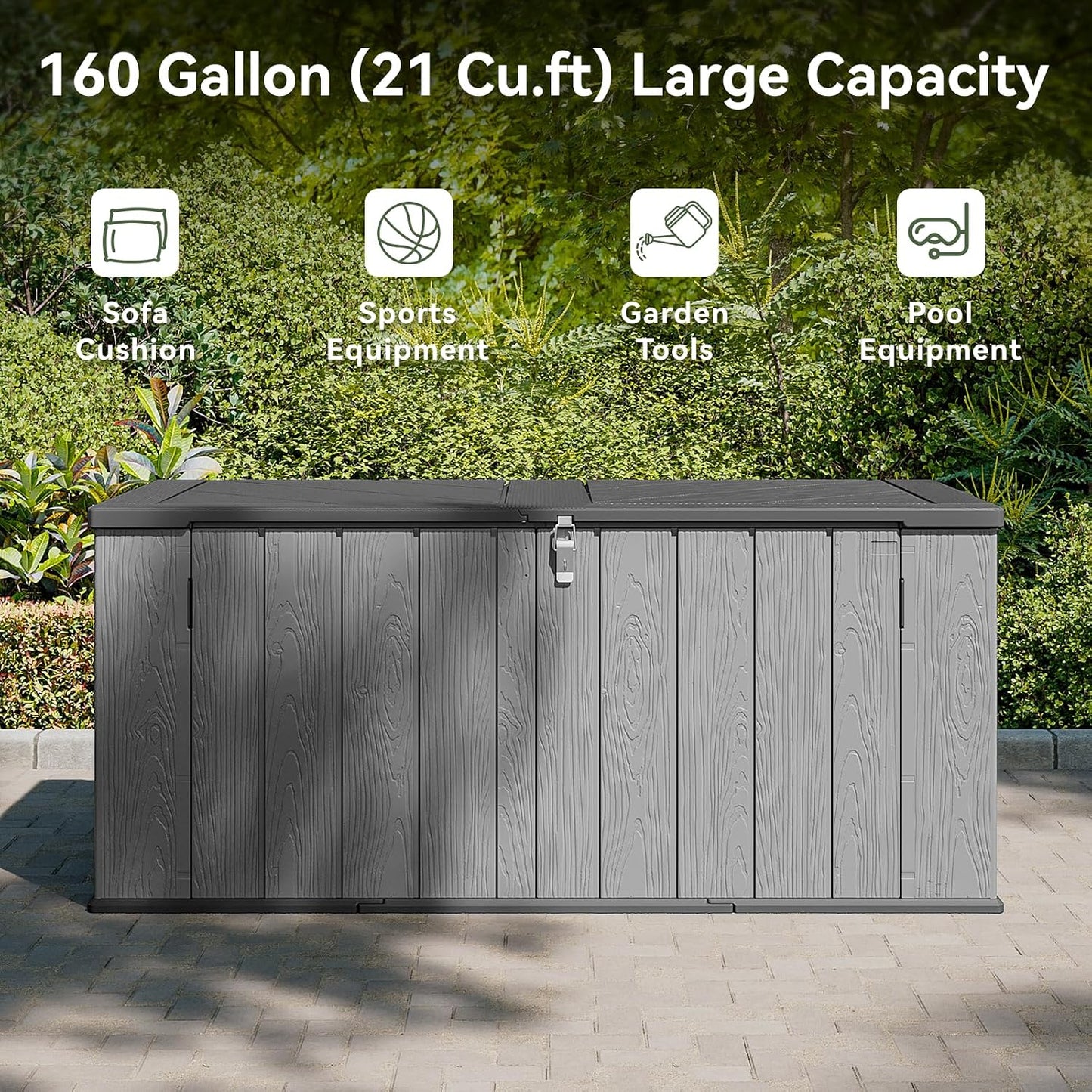AOXUN Horizontal Storage Sheds 21 Cu.ft, HDPE Outdoor Storage Box 160 Gallon, Waterproof Lockable Resin Deck Box with Spring-Assisted Lid, Patio Storage for Garden, Pool, Cushions, Tools, White
