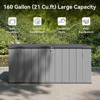 AOXUN Horizontal Storage Sheds 21 Cu.ft, HDPE Outdoor Storage Box 160 Gallon, Waterproof Lockable Resin Deck Box with Spring-Assisted Lid, Patio Storage for Garden, Pool, Cushions, Tools, White