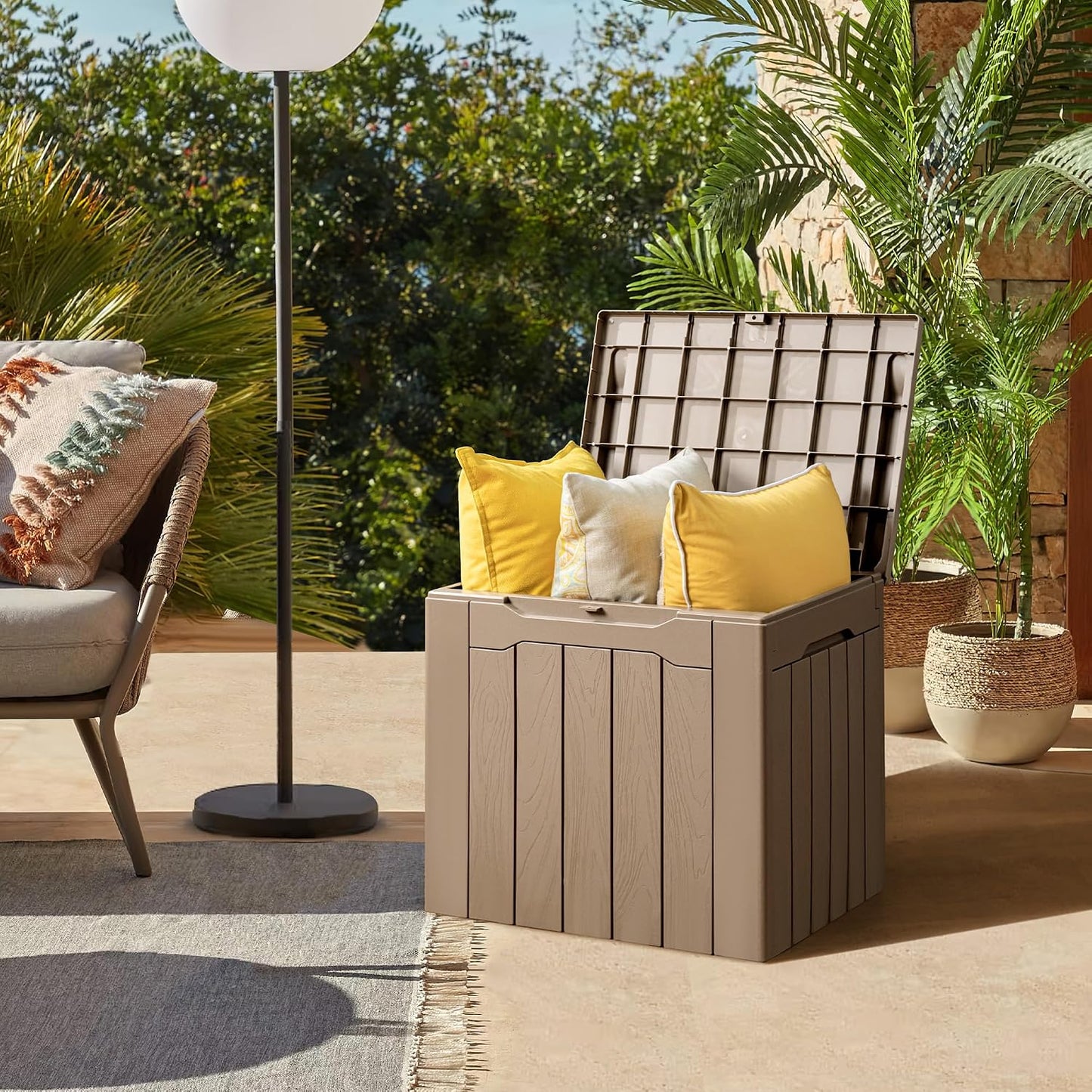 Flamaker Outdoor Storage Box 80 Gallon Resin Waterproof Deck Box Delivery Box with Wood Texture Large Storage Bin for Patio Cushions, (Grey)