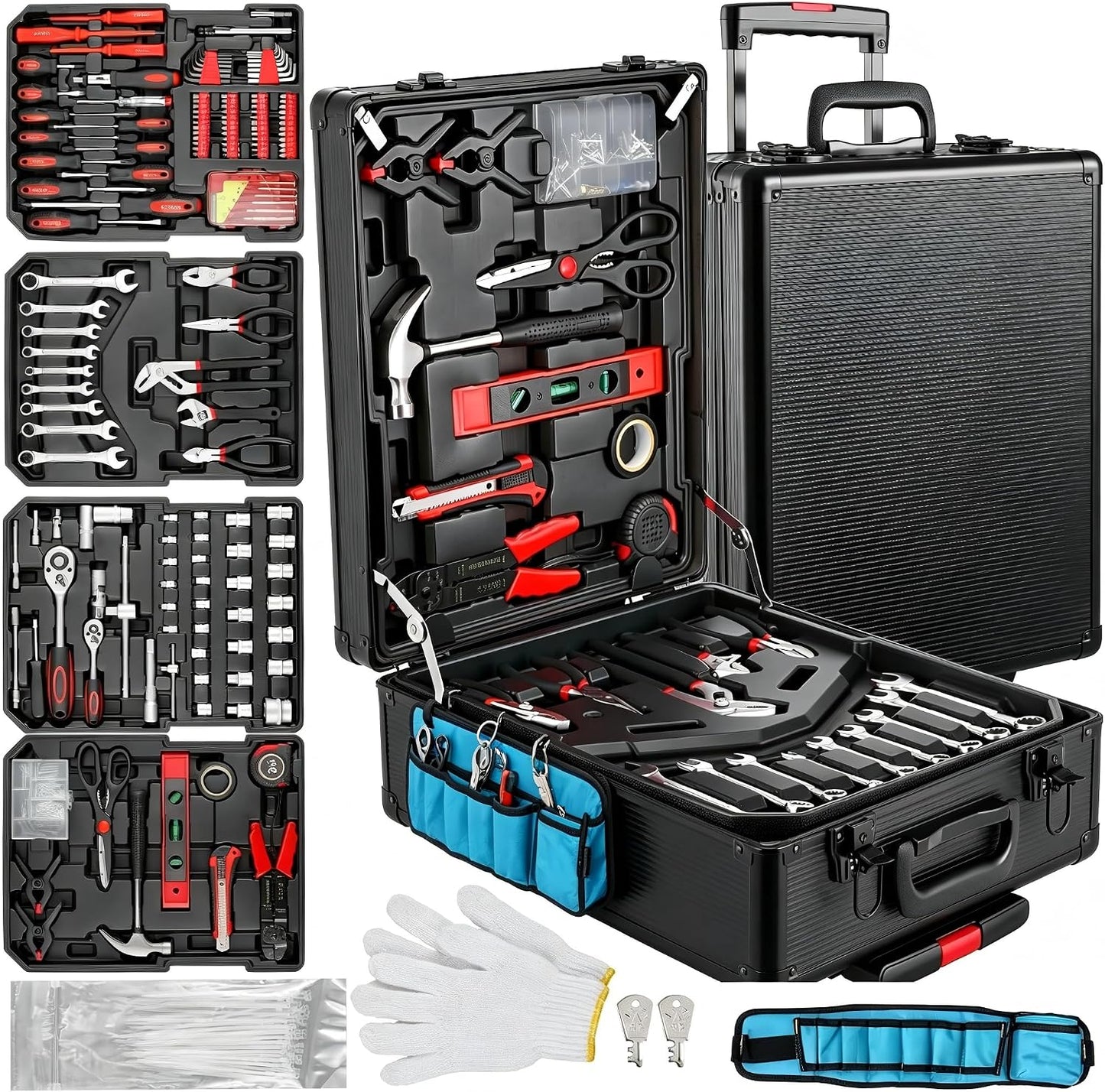 Arcwares 799pcs Aluminum Trolley Case Tool Set Silver, House Repair Kit Set, Household Hand Tool Set, with Tool Belt,Gift on Father's Day (Black)