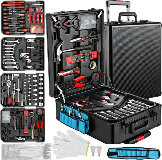 Arcwares 799pcs Aluminum Trolley Case Tool Set Silver, House Repair Kit Set, Household Hand Tool Set, with Tool Belt,Gift on Father's Day (Black)
