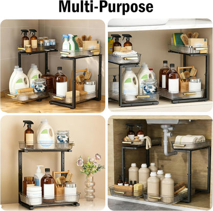 ARSTPEOE 2 Pack Double Sliding Under Sink Organizers and Storage,Two Tier Bathroom Storage and organization,Under Cabinet Organizer, Clear