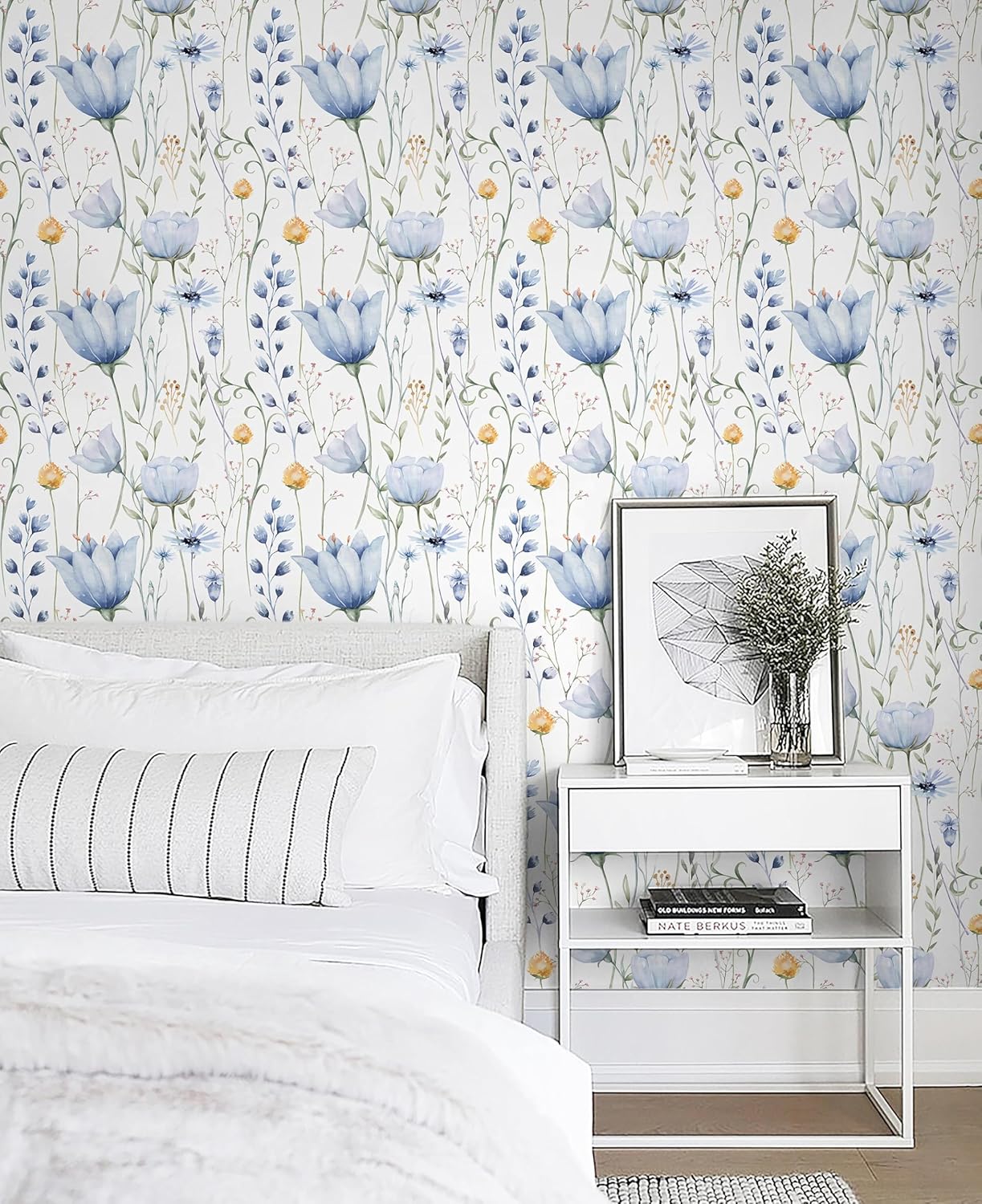 HeloHo Blue Floral Wallpaper Peel and Stick Self Adhesive Removable Wall Paper 16.1" X 118" Renter Friendly Waterproof Wallpaper Contact Paper for Furniture Living Room Bedroom Decor