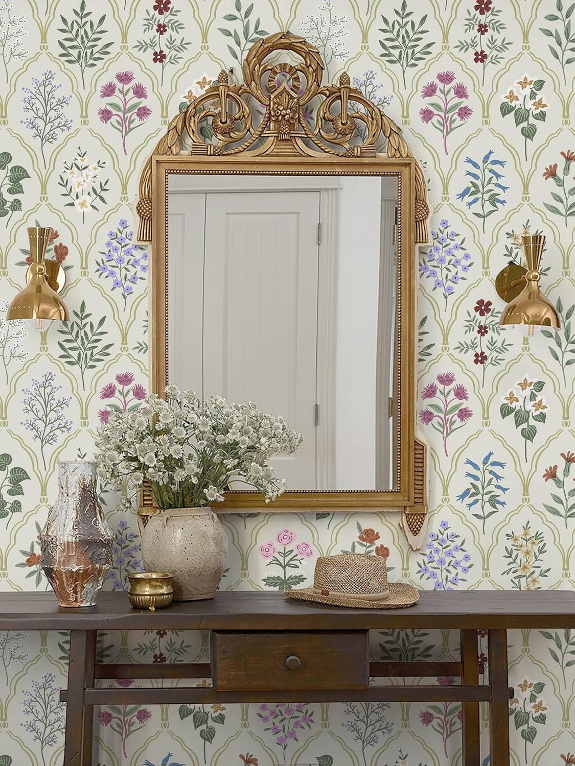 Dimoon 17.3''x78.7'' Vintage Peel and Stick Wallpaper Boho Beige Neutral Contact Paper White Floral Bird Wallpaper Removable Botanical Renter Friendly Modern Wall Paper Bedroom Bathroom Vinyl Roll