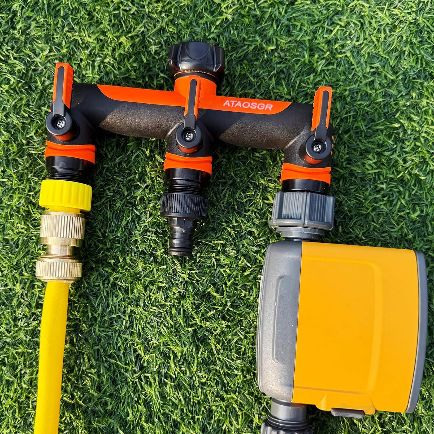 ATAOSGRGarden Hose Splitter 3 Way, 3/4" Outdoor Faucet Splitter, Tap Connector with On/Off Valves and Extended Handle, Tap Adapter Garden Hose Connector for Garden Outdoor Home - Greens