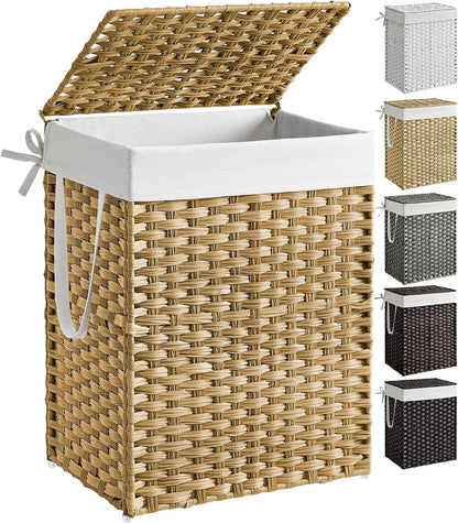 SONGMICS Laundry Hamper with Lid, 23.8 Gallon (90 L) Synthetic Rattan Clothes Laundry Basket with Lid and Handles, Foldable, Removable Liner, Chestnut Brown ULCB051K02