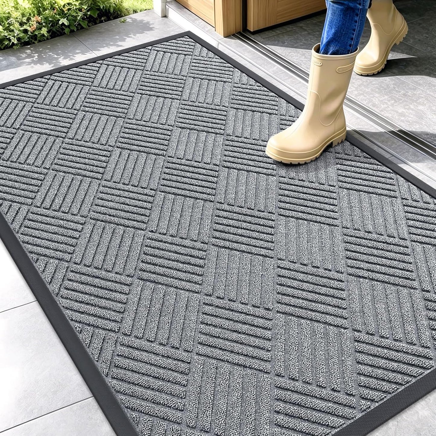 OLANLY Front Door Mat Outside Entrance 29.5x17, Absorbent, Heavy Duty Sturdy Natural Rubber Doormat Indoor Outdoor, Stain and Fade Resistant, Non-Slip Low Profile Floor Mat for Entryway, Grey Diamond