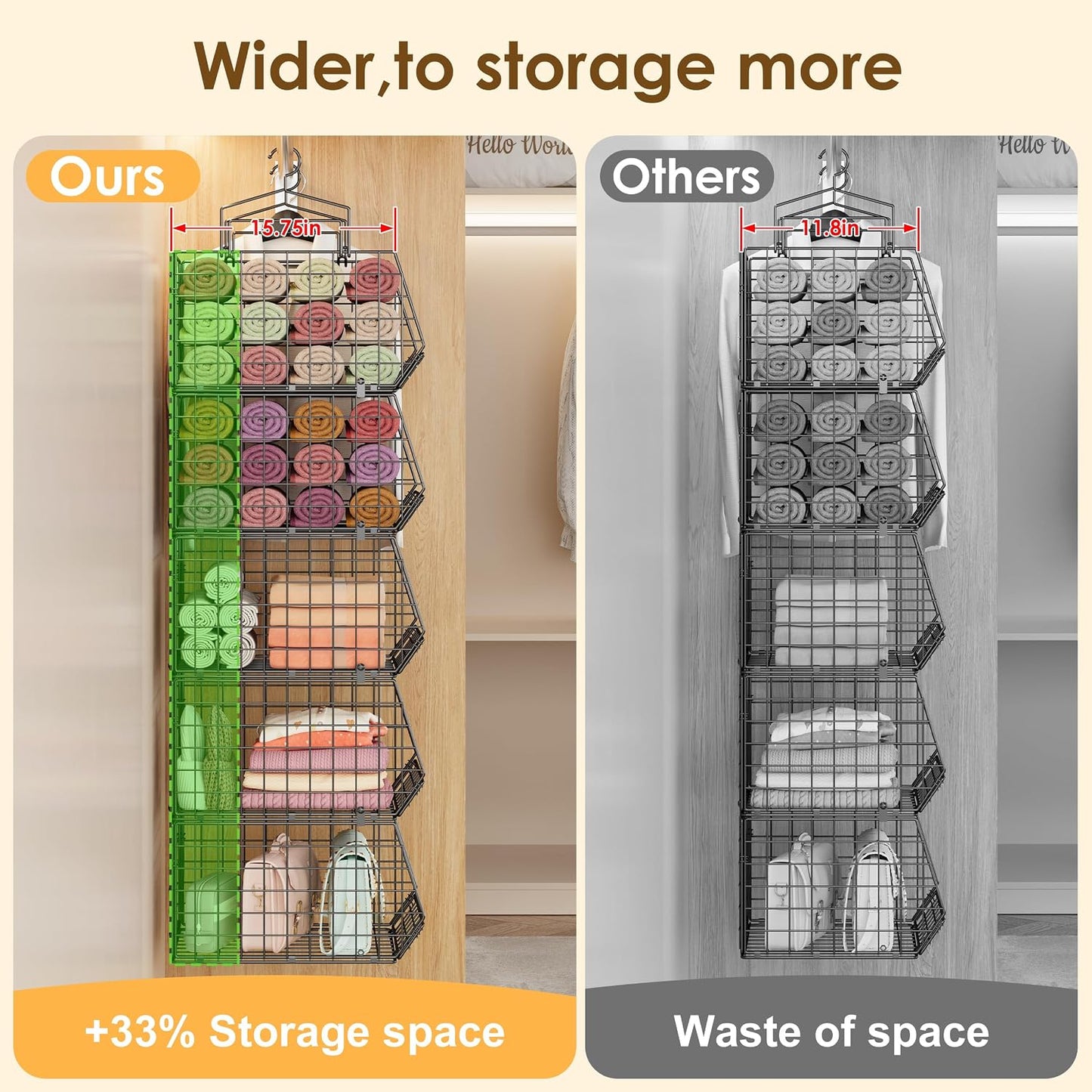 8-Tier Extended Depth Hanging Closet Organizers and Storage for Closet System, Stackable Closet Shelves with 4 Adjustable Dividers for Clothes Sweaters Purses, Wire Hanging Basket Fits Closet Laundry