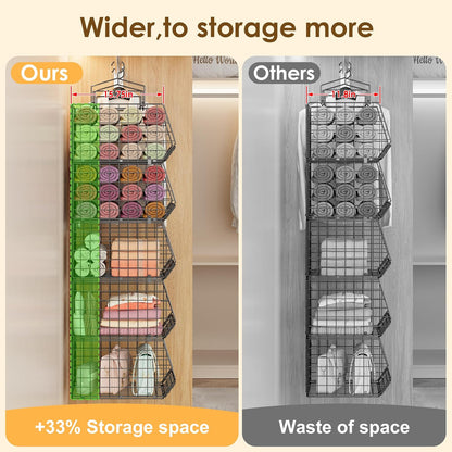 8-Tier Extended Depth Hanging Closet Organizers and Storage for Closet System, Stackable Closet Shelves with 4 Adjustable Dividers for Clothes Sweaters Purses, Wire Hanging Basket Fits Closet Laundry