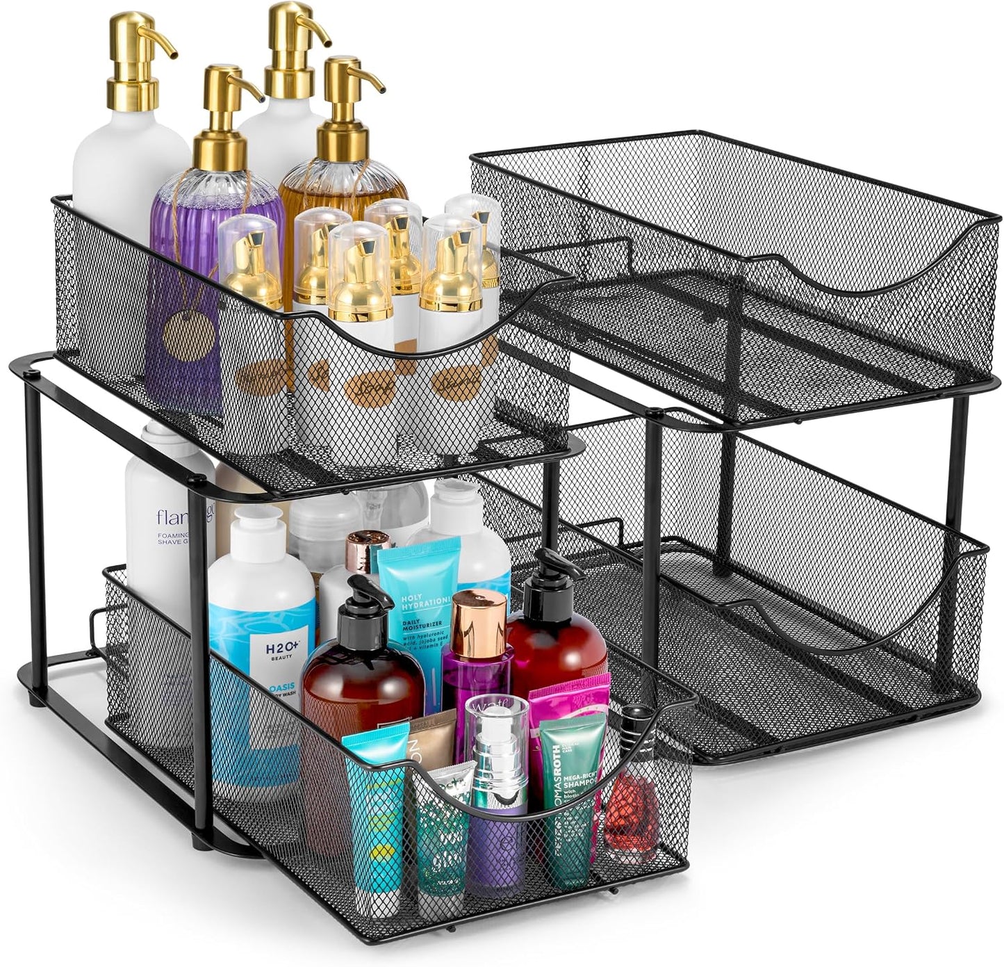 Sorbus 2 Tier Metal Under Sink Organizer for Bathroom, Kitchen, Strong Steel Mesh Sliding Drawers for Under Sink, Under Cabinet, Closet, Kitchen, Pantry, Bathroom Organizers and Storage (Black)
