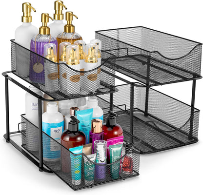 Sorbus 2 Tier Metal Under Sink Organizer for Bathroom, Kitchen, Strong Steel Mesh Sliding Drawers for Under Sink, Under Cabinet, Closet, Kitchen, Pantry, Bathroom Organizers and Storage (Black)
