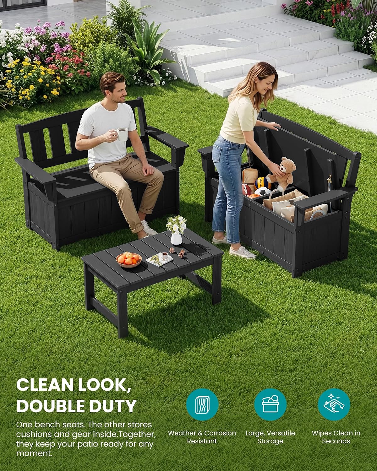 SERWALL HDPE Outdoor Storage Bench, Deck Box with Waterproof Storage Bags | All-Weather Benches | 57 Gallon Dual-Use Seat | Organizer Deck Boxes for Patio, Garden Tools & Pool | Dark Black