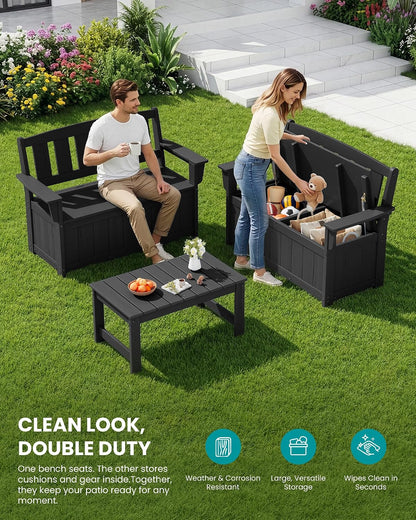 SERWALL HDPE Outdoor Storage Bench, Deck Box with Waterproof Storage Bags | All-Weather Benches | 57 Gallon Dual-Use Seat | Organizer Deck Boxes for Patio, Garden Tools & Pool | Dark Black