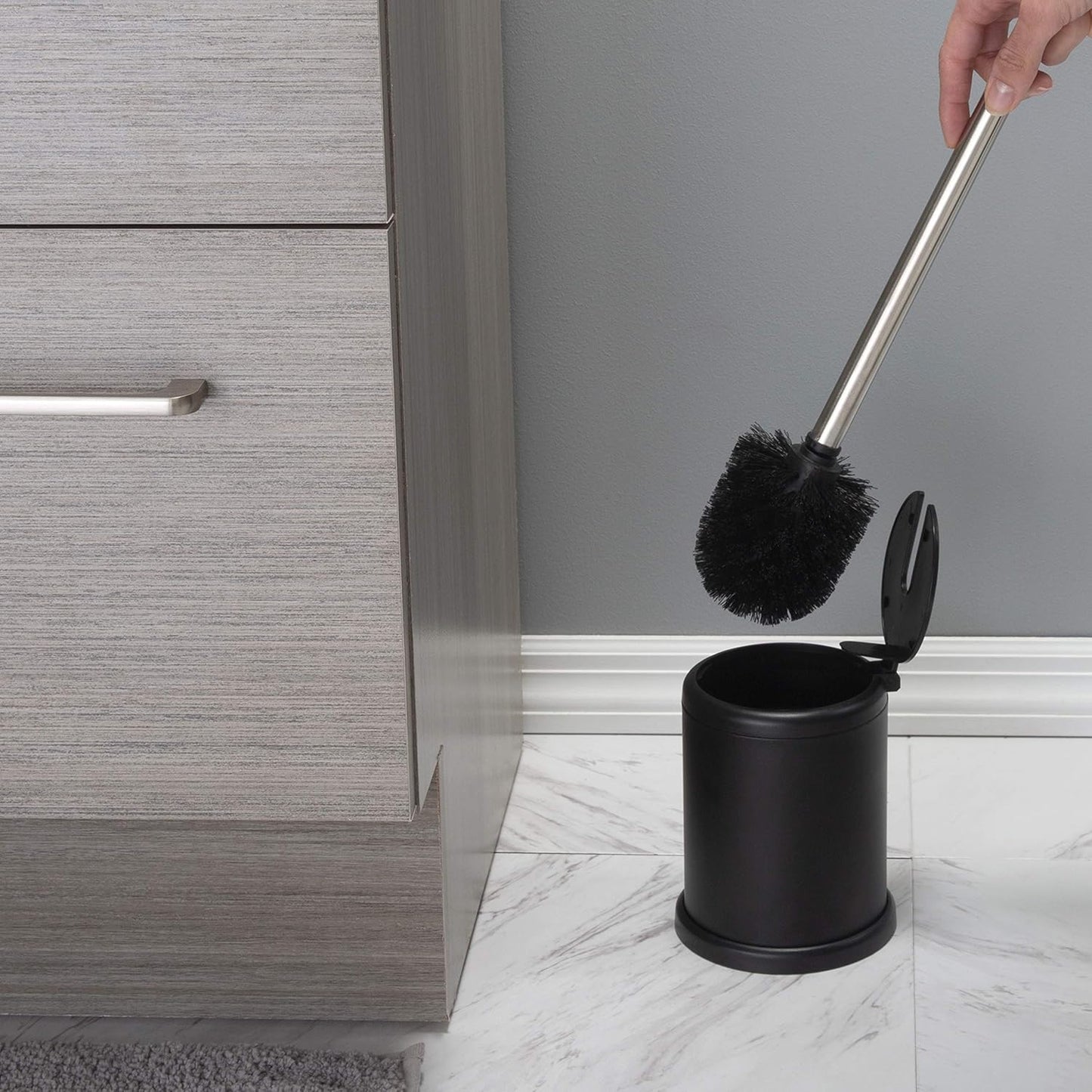 Bath Bliss Toilet Brush and Holder | Self Closing Lid | 360 Degree Brush Head | Bathroom Cleaning | Compact Size | Storage and Organization | Stainless Steel
