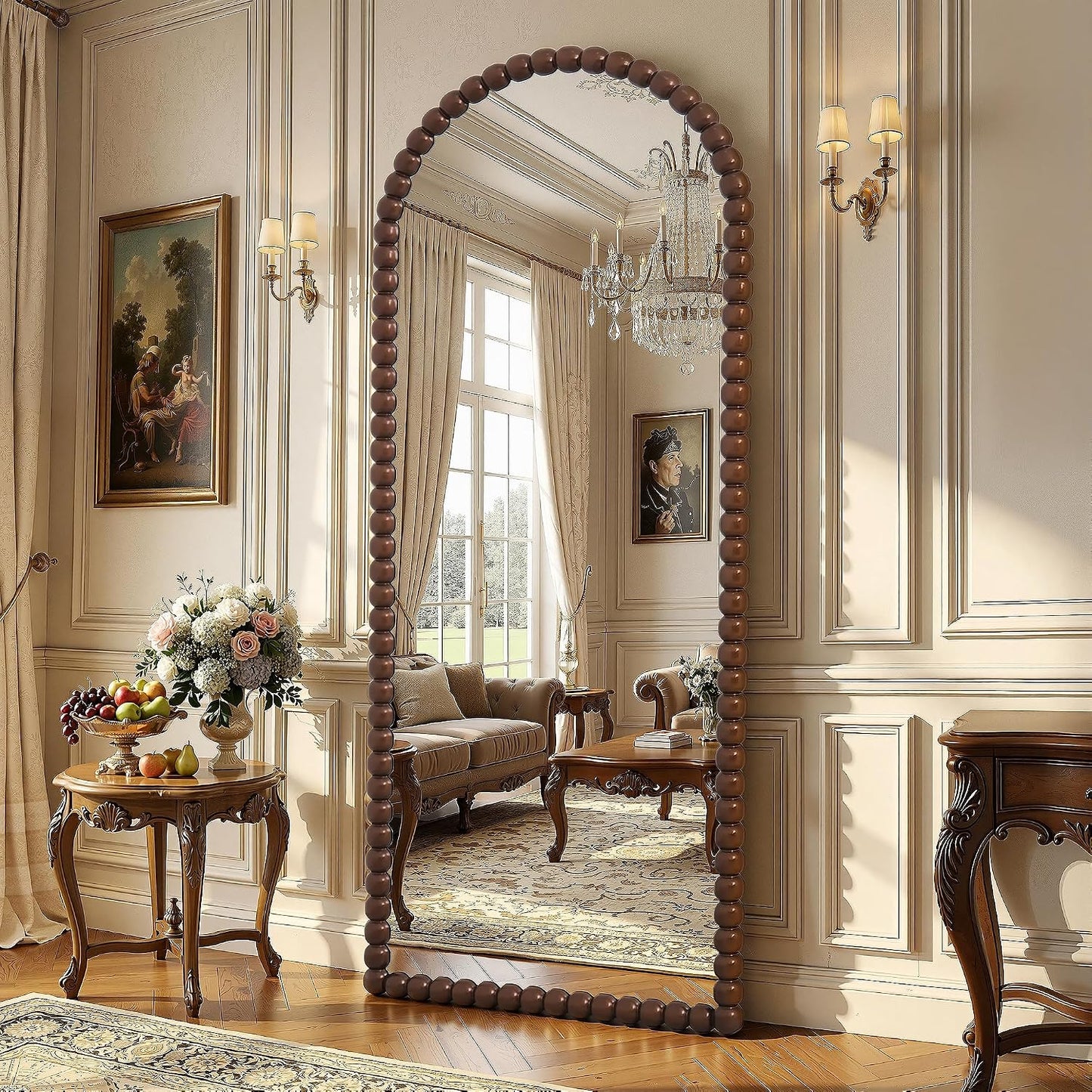 Antok 58" x 21" Arched Full Length Mirror, Antique Beaded Frame Floor Standing or Wall Mounted Mirror with Stand for Bedroom, Entryway, Brown, Luxury Style