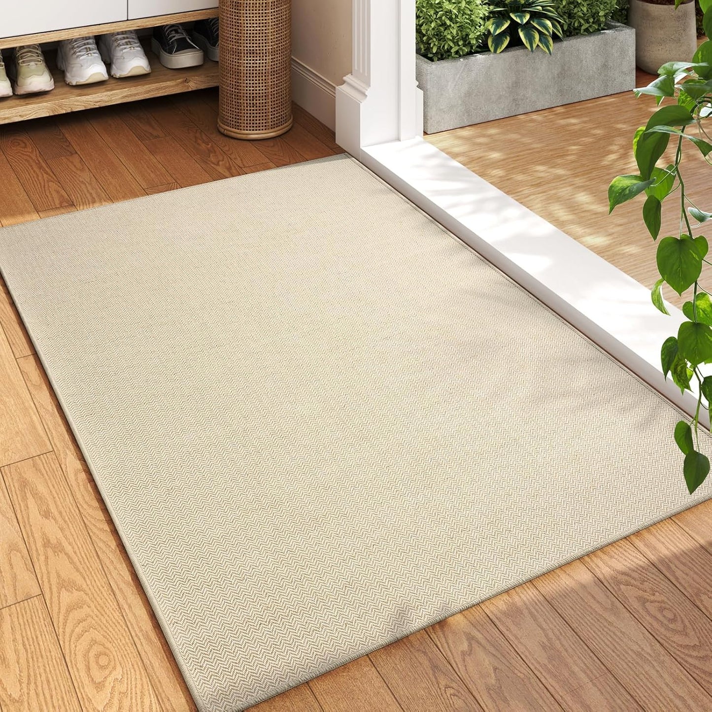 Ultra Thin Door Mat 24"x35" – Low Profile Non Slip Door Mat Indoor Entrance, Washable Absorbent Entryway Mat with Rubber Backing, Dirt Trapper Doormat for Front Door Inside, Beige