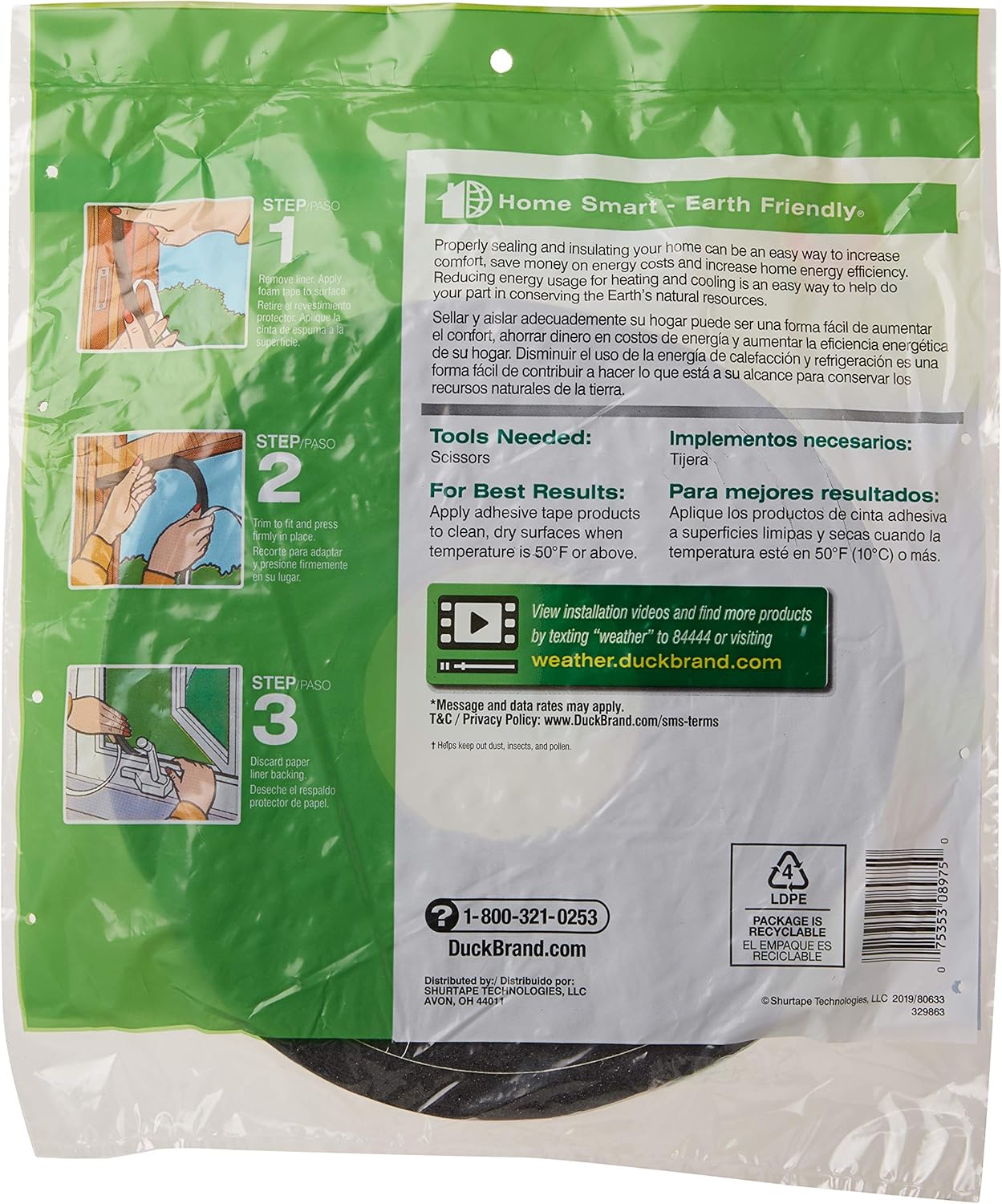 Duck Brand Self Adhesive Foam Weatherstrip Seal for Extra Large Gaps, 3/4-In x 1/2-In x 10-Ft, 1 Roll, 284426