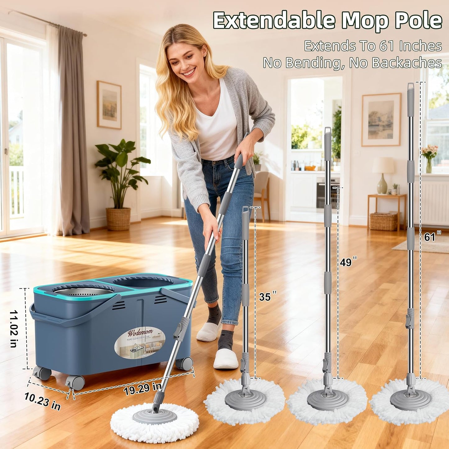 2026 Upgraded Gen 2 Spin Mop and Bucket Set with 4 Swivel Wheels for Easy Rolling, Separates Clean & Dirty Water, Floor Mop with 6 Washable Mop Heads for Wood, Tile, Vinyl, Baseboards - Grey/Blue