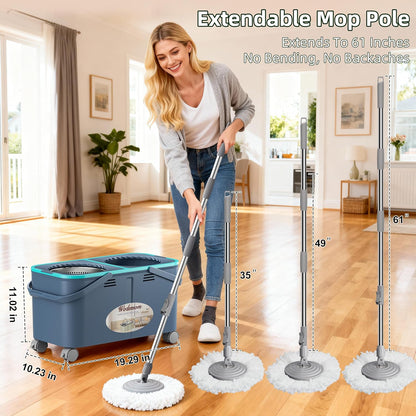 2026 Upgraded Gen 2 Spin Mop and Bucket Set with 4 Swivel Wheels for Easy Rolling, Separates Clean & Dirty Water, Floor Mop with 6 Washable Mop Heads for Wood, Tile, Vinyl, Baseboards - Grey/Blue