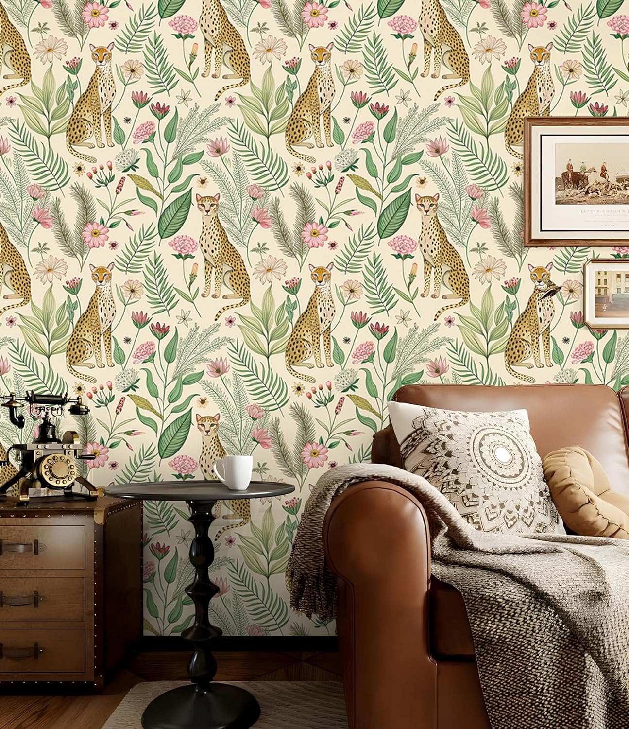 Floralplus Peel and Stick Wallpaper Leopard Jungle Removable Wallpaper for Bathroom Renter Friendly Wallpapers Self Adhesive Animal Floral Contact Paper for Accent Wall 17.5 x 118 in