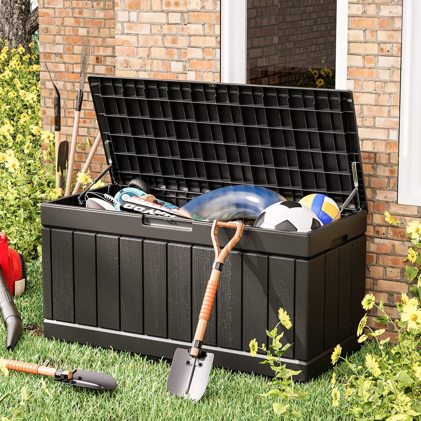 Greesum 110 Gallon Outdoor Storage Box with Lockable Lid, All-Weather for Patio Furniture, Pool Supplies & Garden Tools, Waterproof, UV-Resistant Large Deck Box, Dark Black