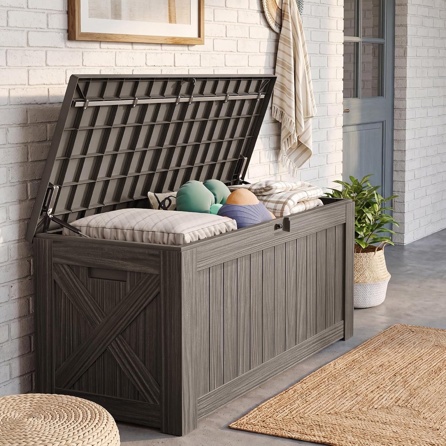 JUMMICO 31 Gallon Resin Deck Box Waterproof Indoor Outdoor Storage Boxes for Patio Furniture Cushions and Garden Tools (Brown)