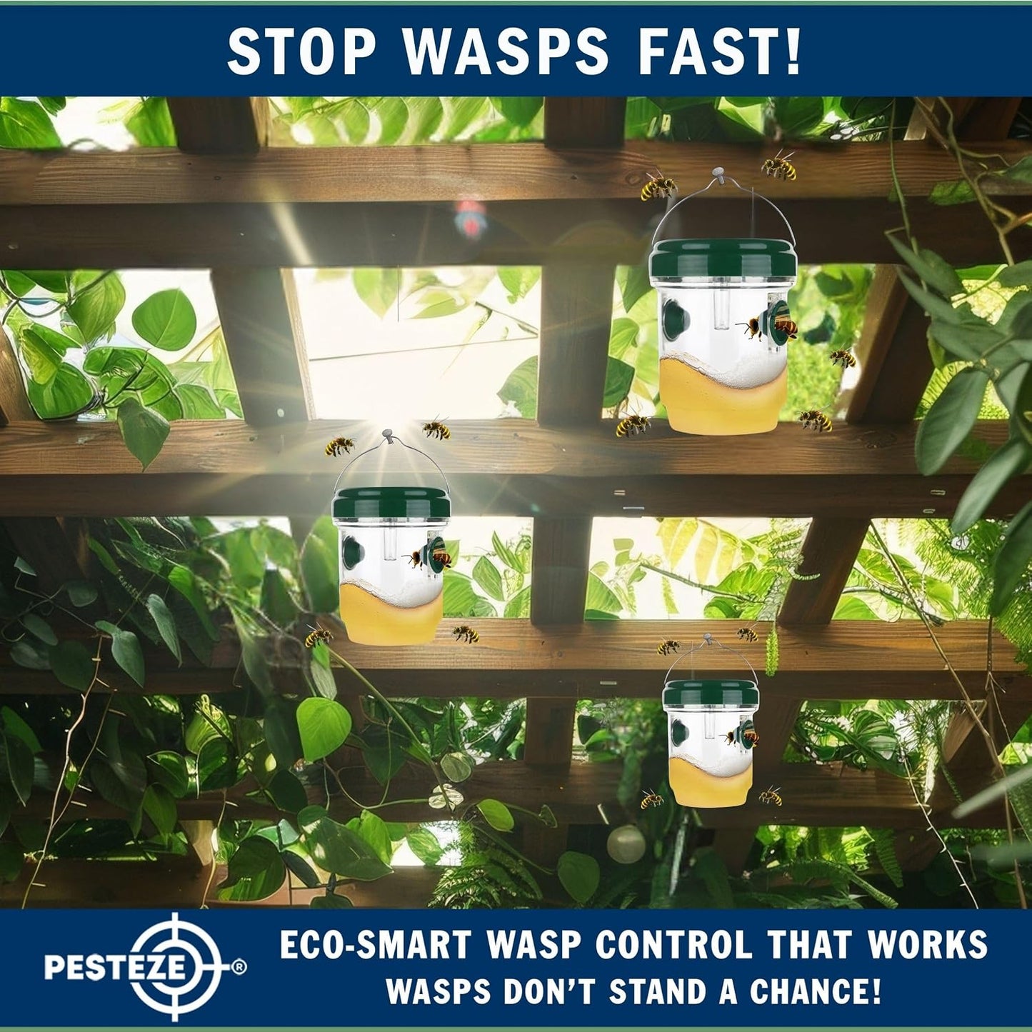 PESTEZE USA Reusable Solar Hanging Wasp Trap with LED Light [Green: 3.5 x 4.4 Inch] Attracts, & Stop Wasp, Hornet, Yellow Jacket & Insect Species 24/7 Without Harsh– Waterproof Outdoor Trap
