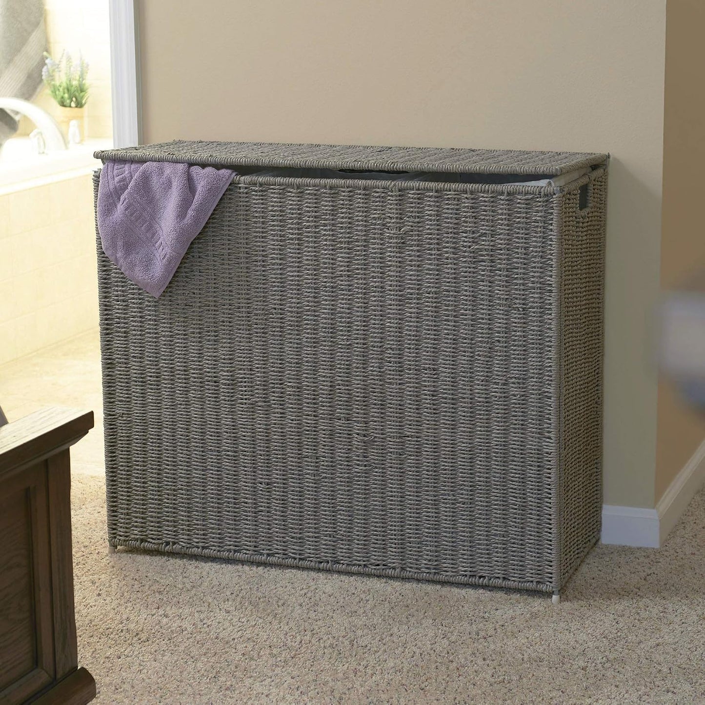 Household Essentials Brown ML-5445 Wicker 3 Compartment Laundry Sorter with Lid | 3 Section Clothes Hamper