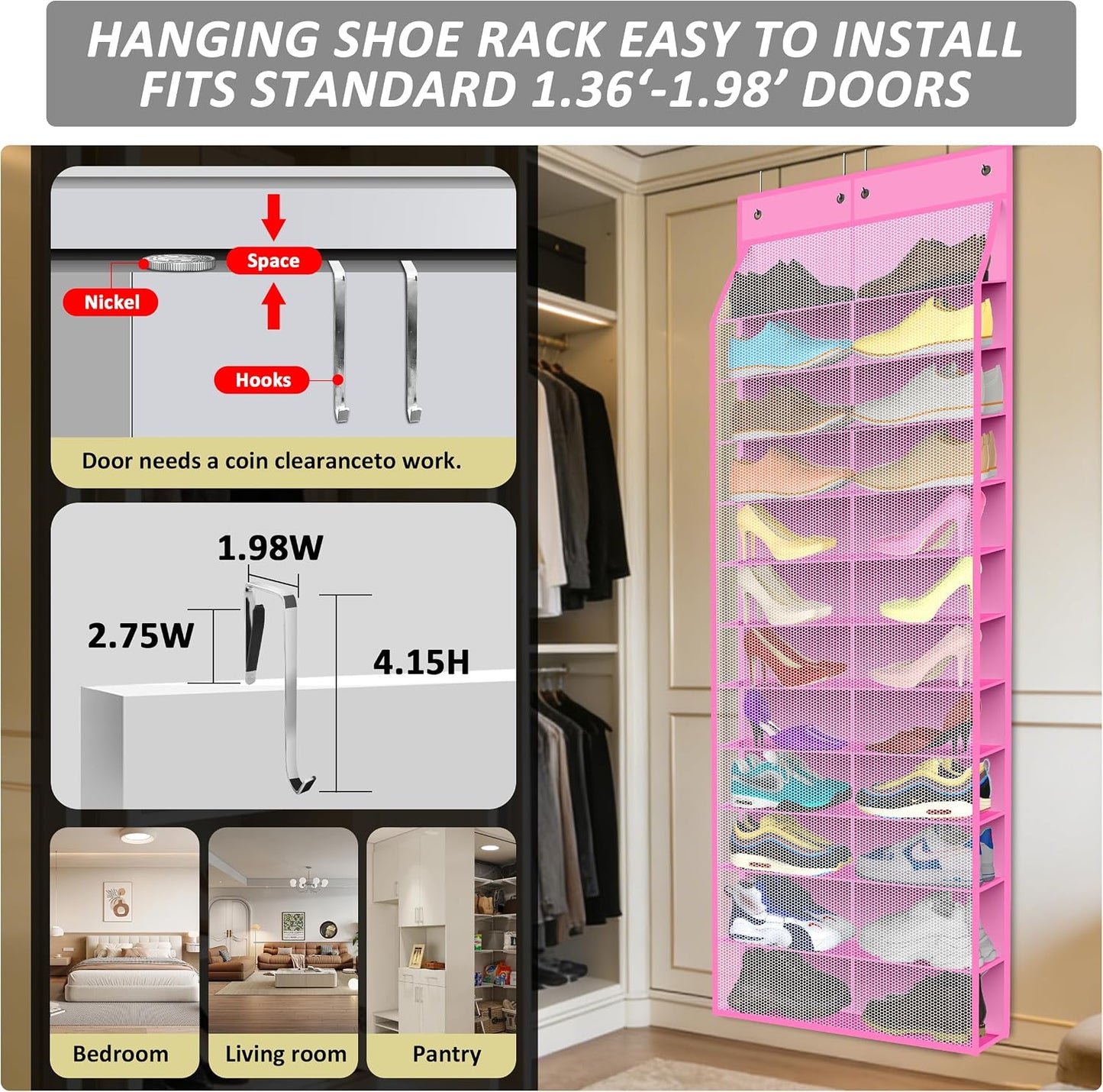 Kotkn 24-Pair Over Door Shoe Organizer for Family & Kids, Double Sided | Hanging Storage for Sneakers, Boots, Toys & Room Organization-Graphite Gray