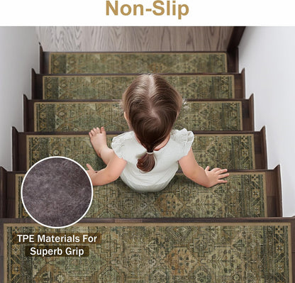 sarben Non Slip Stair Treads for Wooden Steps 15PCS - 8"x30" Indoor Safety Carpet, Edging Mats with TPE Adhesive Backing, Pet and Elderly Friendly Stair Rugs (Taupe) - Colors B