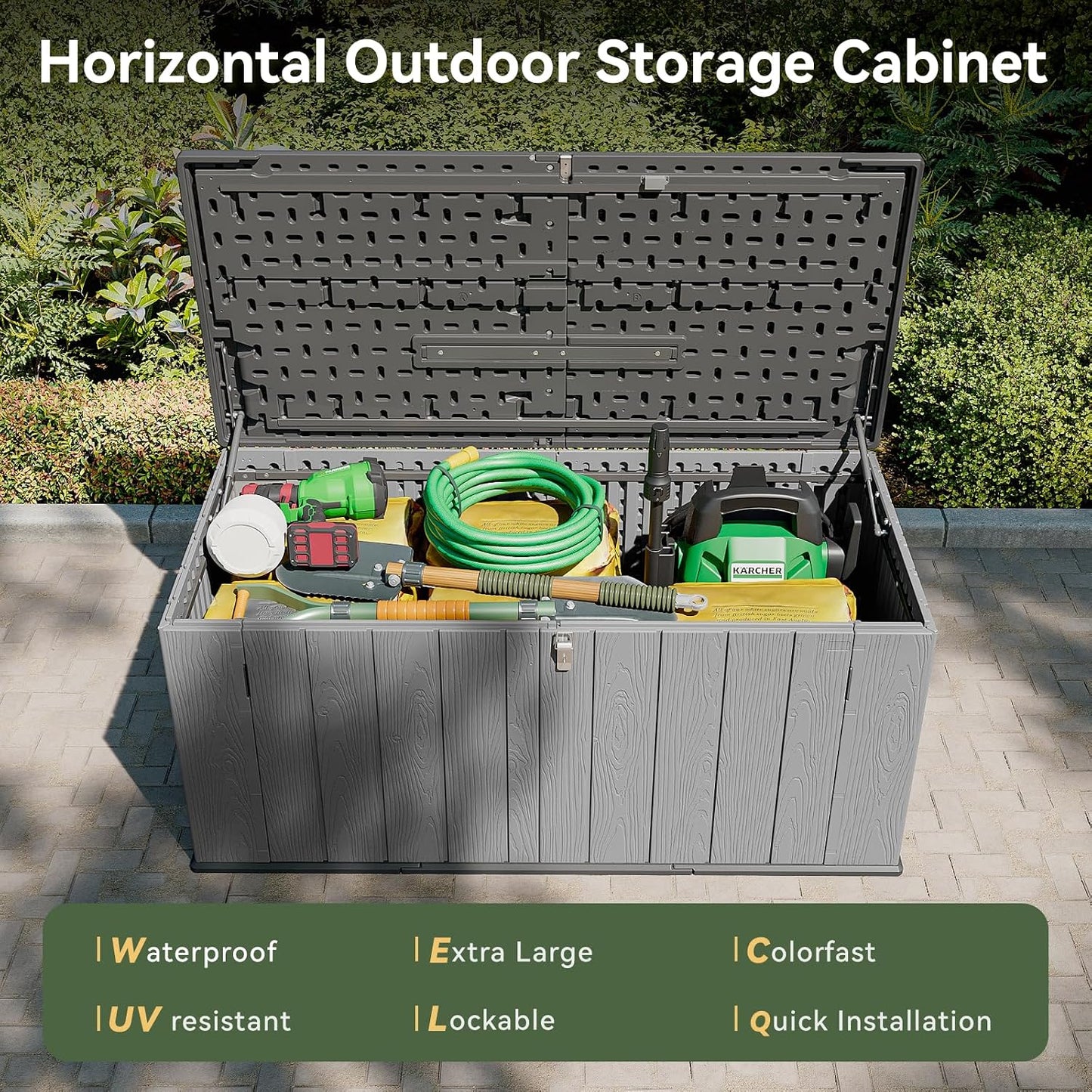 AOXUN Horizontal Storage Sheds 21 Cu.ft, HDPE Outdoor Storage Box 160 Gallon, Waterproof Lockable Resin Deck Box with Spring-Assisted Lid, Patio Storage for Garden, Pool, Cushions, Tools, White
