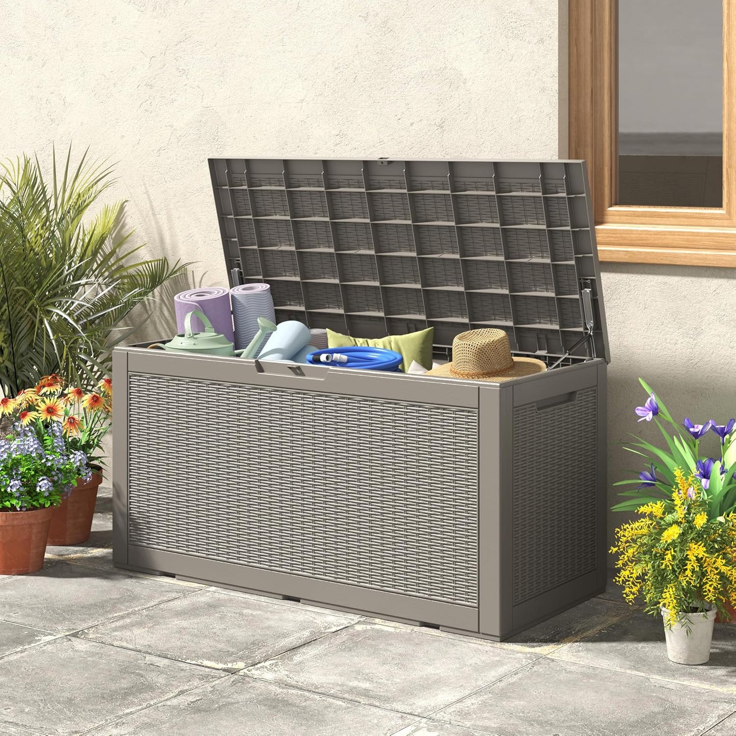 NUNU LAB Outdoor Storage Box, 45 Gallon Outside Deck Box Waterproof, Resin Outdoor Storage Cabinet With Lockable Lid, Backyard Storage Bench For Garden Tools, Patio Cushions, Pool Tools, Black
